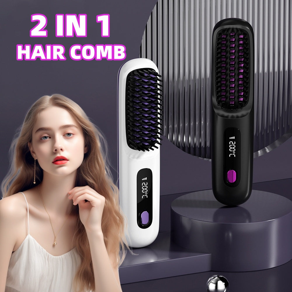 "2-in-1 Wireless Hair Straightener & Curler Brush – Fast Heating, Portable & USB Charging"